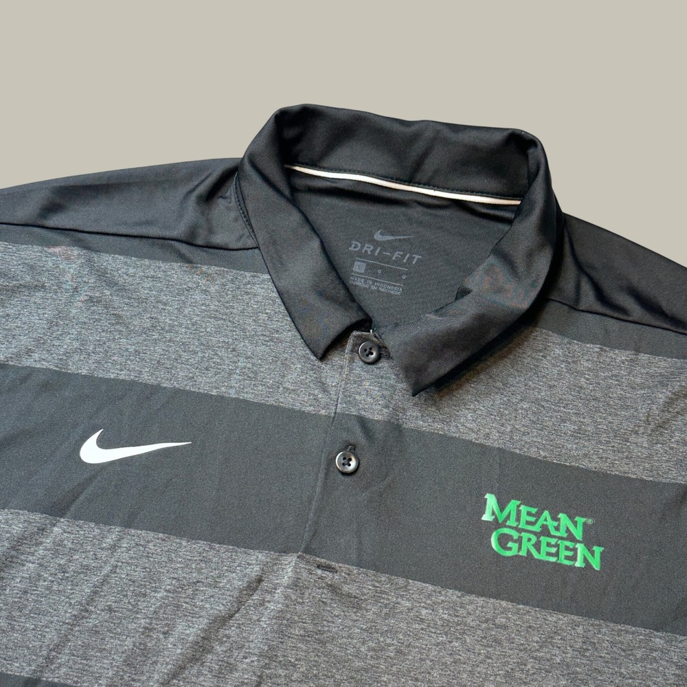 North Texas Nike Polo Shirt Mens L Black Grey NCAA Football Mean Green Striped